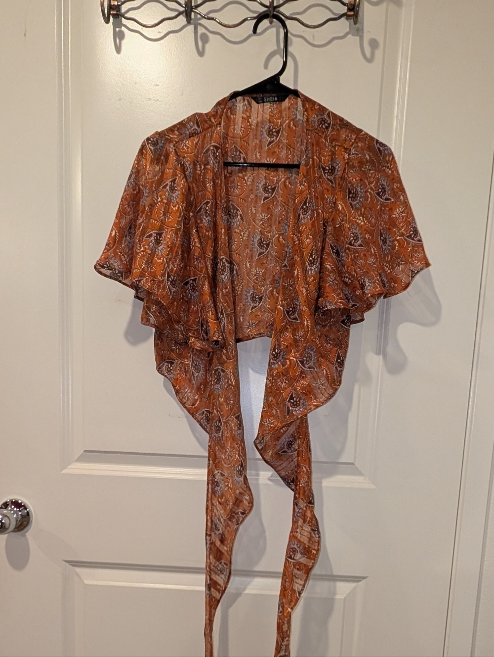 Hippie Rust Orange Paisley Blouse with Tie Front Disco 70s